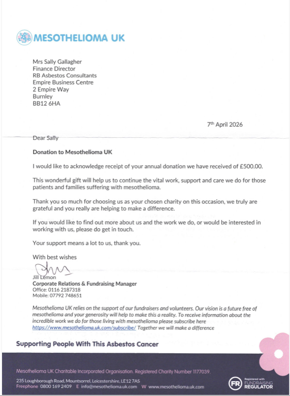 Annual donation to Mesothelioma UK